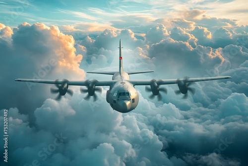 A military plane flying through a cloudy blue sky photo