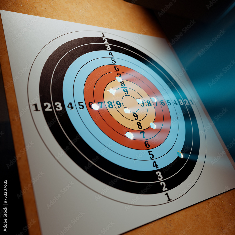 Shooting range with target riddling by bullets. Training practice or competition