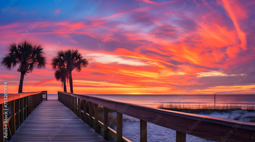Majestic Dawn: Sunrise Reflecting on Tranquil Beach with Silent Palm Trees and Wooden Boardwalk