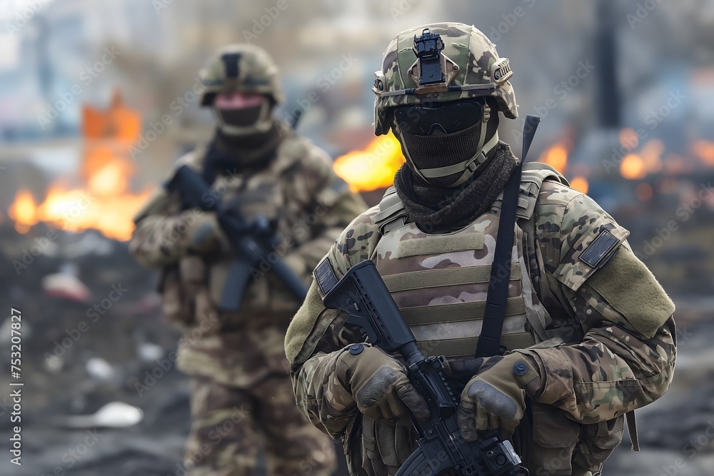 Military soldiers with guns, wearing helmets and protective gear, standing in a war zone with debris and explosions in the background Military soldiers with guns, wearing helmets and protective gear, standing in a war zone with debris and explosions in the background