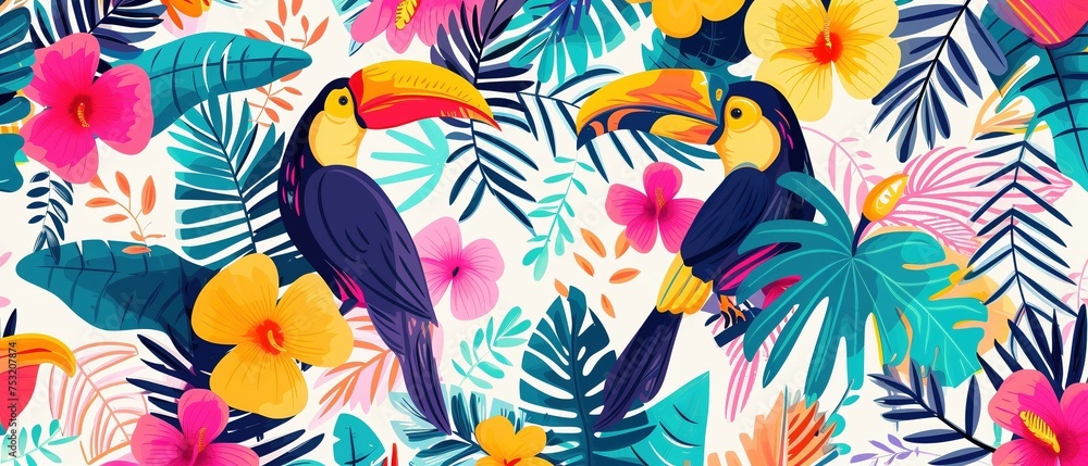 Bunte Tropische Pflanzen und Vögel, Hintergrund 