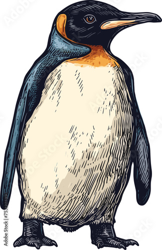 A figure of the Antarctic king penguin raising its wings. Illustration of a penguin on white background