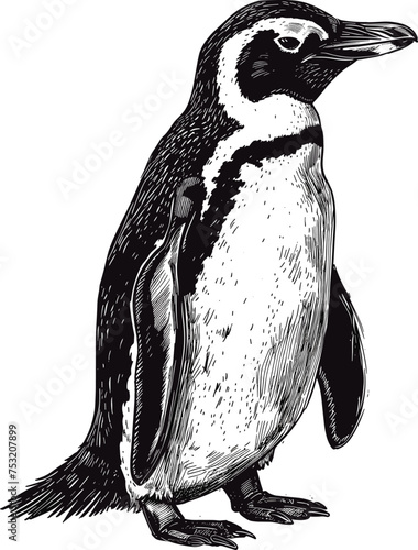 A figure of the Antarctic king penguin raising its wings. Illustration of a penguin on white background
