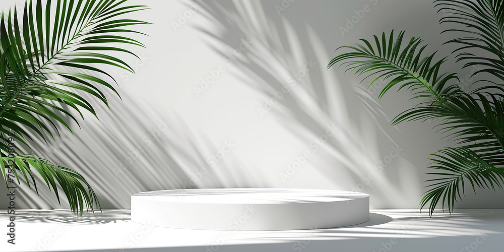 White podium with tropical leaves and shadows White podium with tropical leaves and shadows