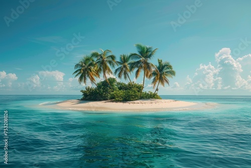 A tranquil island with soft sandy shores and tall palm trees offering shade  contrasting with the serene blue sea