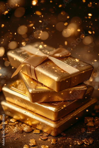 A stack of pure gold bars in gold dust on a black background. The concept of business and finance