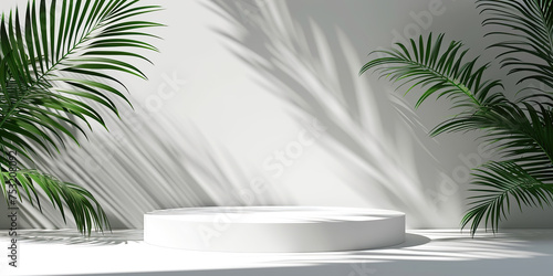 White podium with tropical leaves and shadows