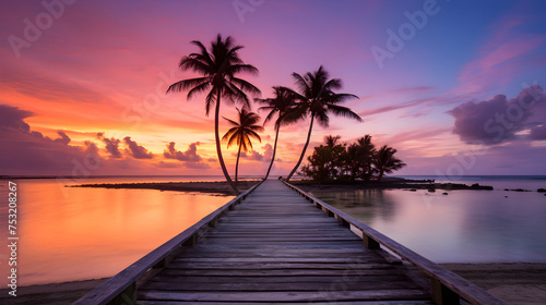 Majestic Dawn: Sunrise Reflecting on Tranquil Beach with Silent Palm Trees and Wooden Boardwalk © Joe