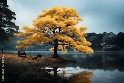 A wooden bench positioned under a vibrant yellow tree near a serene body of water.