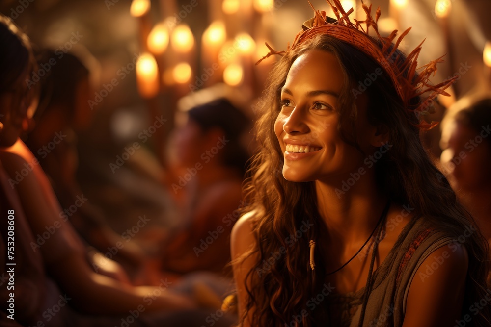 A woman with a flower crown on her head in a casual outfit is smiling happily. A woman with a flower crown on her head in a casual outfit is smiling happily.