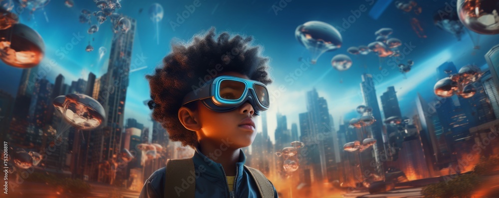 Boy in futuristic VR googles is exploring world with feeling like in space, banner. Generative Ai. - obrazy, fototapety, plakaty 