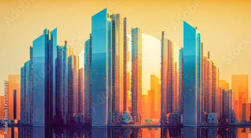 Dramatic Sunset Reflections on City Skyline