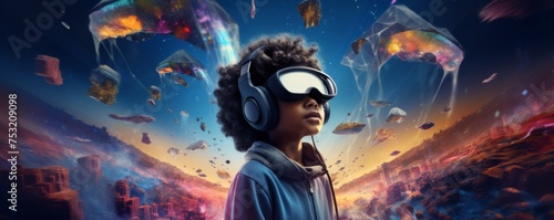 Boy in futuristic VR googles is exploring world with feeling like in space, banner. Generative Ai. © annamaria