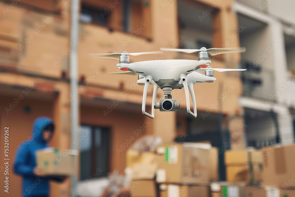 a drone flying around a residential building and carrying a parcel a drone flying around a residential building and carrying a parcel