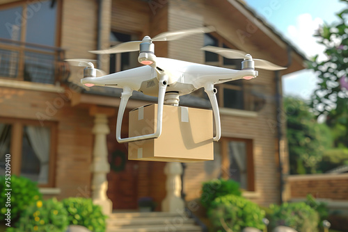 a drone flying around a residential building and carrying a parcel