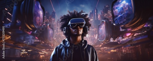 Boy in futuristic VR googles is exploring world with feeling like in space, banner. Generative Ai. #753209495