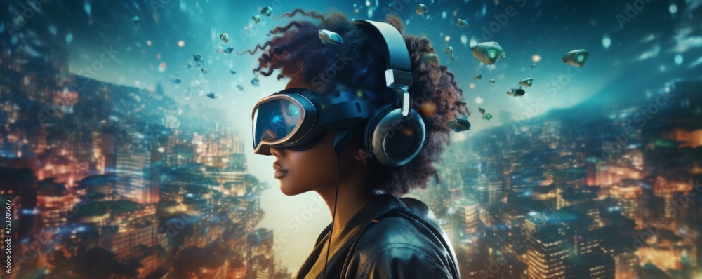 Women in futuristic VR googles is exploring world with feeling like in space, banner. Generative Ai. - obrazy, fototapety, plakaty 