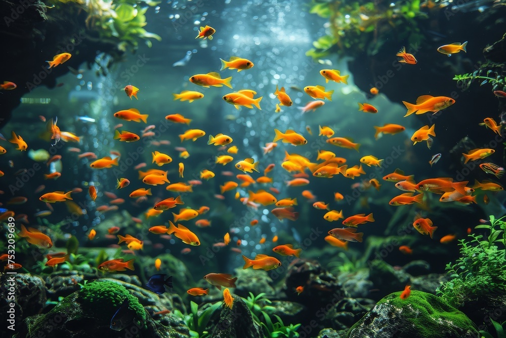Fototapeta A lively school of bright orange fish swims together in a beautifully maintained aquarium setting