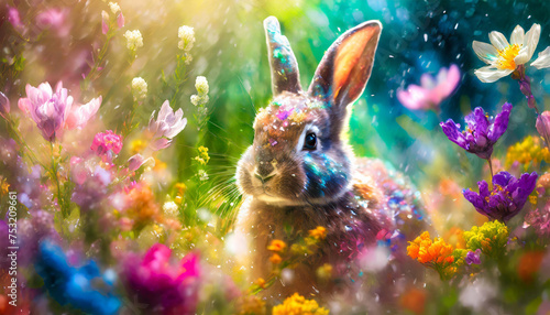 Easter Bunny with Spring Colorful Flowers