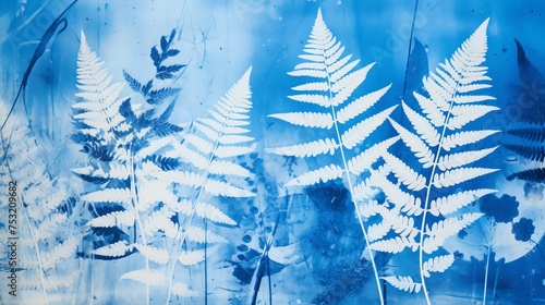 Leaves, petals, flowers, and ferns lie on watercolor paper covered with a special photosensitive liquid, creating stunning cyanotype prints through the sun-printing process. photo