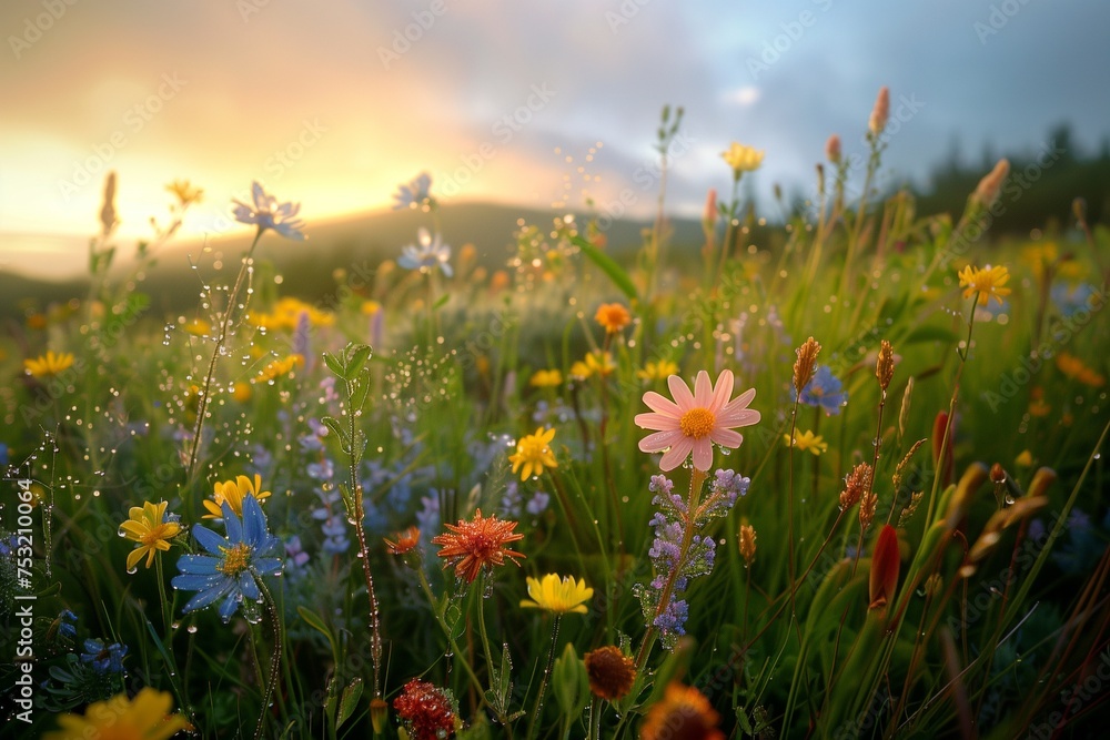 Earth Day Awakening Dew-Kissed Wildflowers Blooming on a Spring Morning