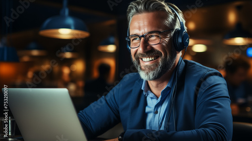 Concentrated skilled millennial caucasian businessman in glasses wearing headphones with mic, taking part in online web camera negotiations meeting using computer app, distant communication concept.