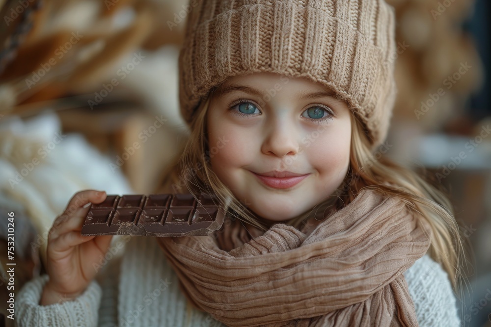 A girl in a brown scarf and hat holding chocolate, with a whimsical smile A girl in a brown scarf and hat holding chocolate, with a whimsical smile