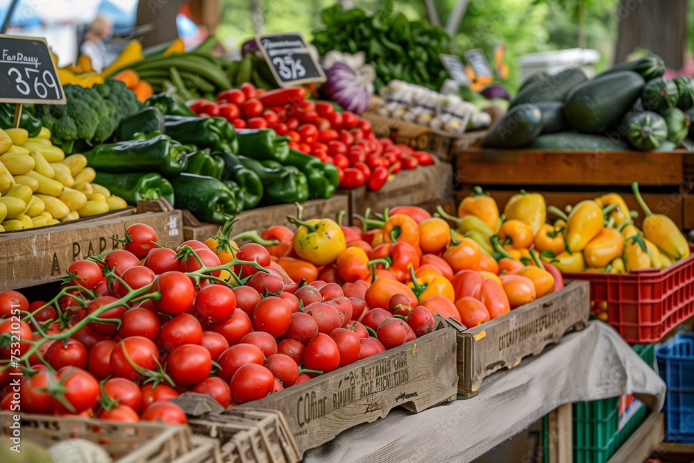 Earth Day Celebration at a Local Farmers Market Eco-Friendly Stalls Laden with Fresh, Seasonal Fruits and Vegetables Earth Day Celebration at a Local Farmers Market Eco-Friendly Stalls Laden with Fresh, Seasonal Fruits and Vegetables