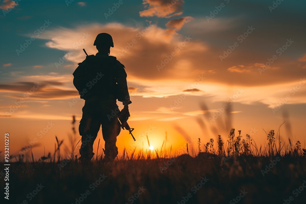 A Silhouette of a soldier stands in a field at sunset, holding his rifle. 
