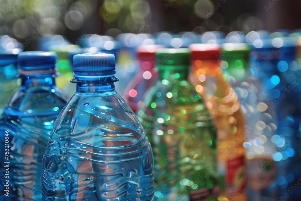 An array of clear plastic water bottles with colorful caps against a shimmering bokeh light background enhancing the visual appeal An array of clear plastic water bottles with colorful caps against a shimmering bokeh light background enhancing the visual appeal