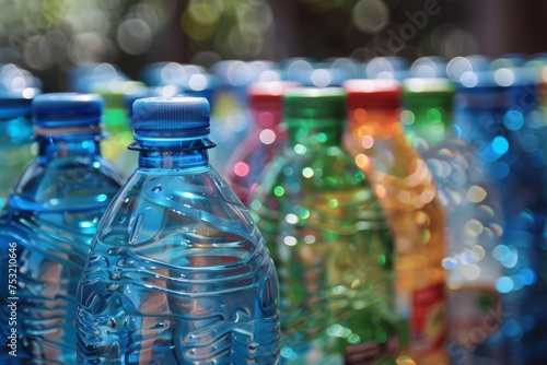 An array of clear plastic water bottles with colorful caps against a shimmering bokeh light background enhancing the visual appeal © svastix