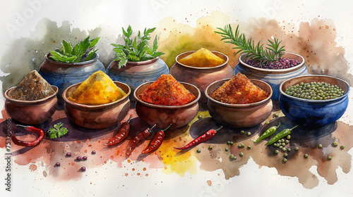 Fototapeta Naklejka Na Ścianę i Meble -  Watercolour illustration of oriental spices in pottery. Selective focus. Copy space. Oriental cuisine concept 
