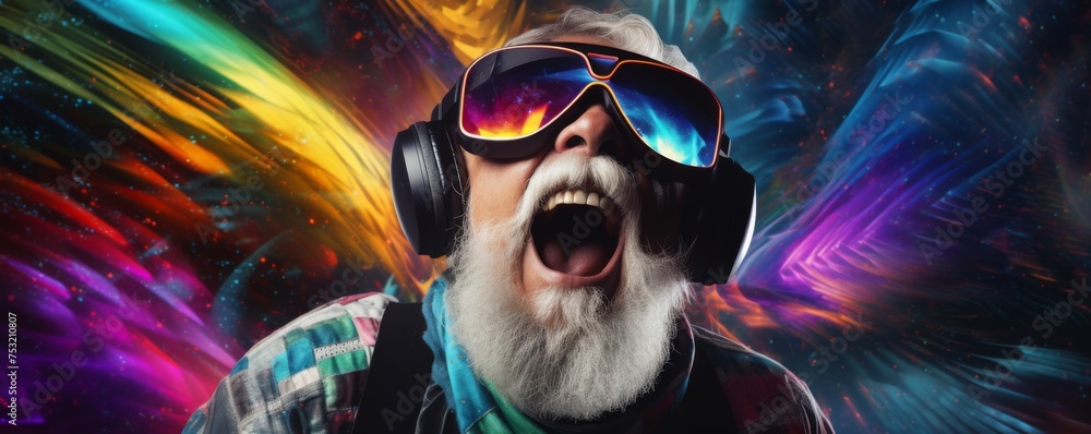 Old men in futuristic VR googles is exploring world with feeling like in space, banner. Generative Ai. - obrazy, fototapety, plakaty 