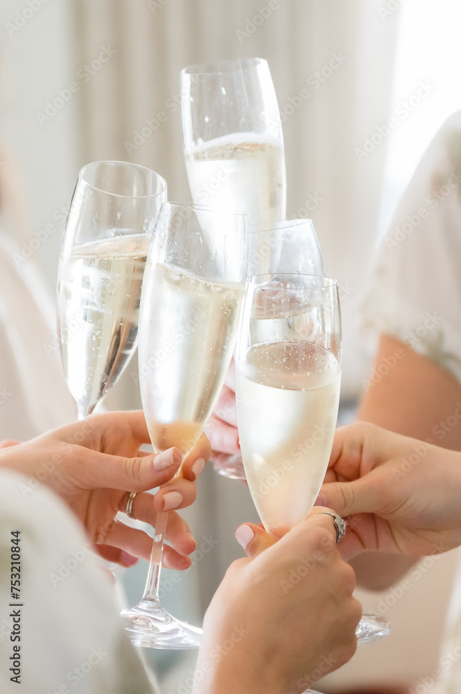 bride and bridesmaids toasting with champagne flutes. Bright and cheerful vertical color photograph close crop no faces bride and bridesmaids toasting with champagne flutes. Bright and cheerful vertical color photograph close crop no faces