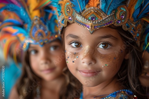 Two young girls in vibrant carnival costumes, one with a focus on elaborate makeup