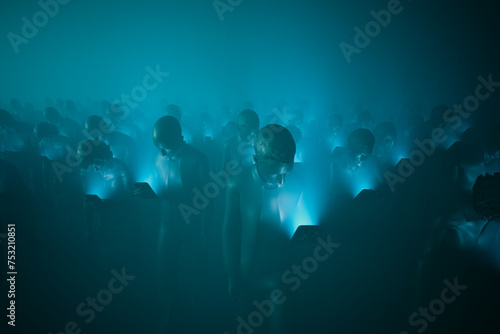 Photos Multitude in Blue Illumination Engaged with Smartphones at Night