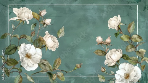 ectangular drawing with delicate white roses on a plain green background. photo