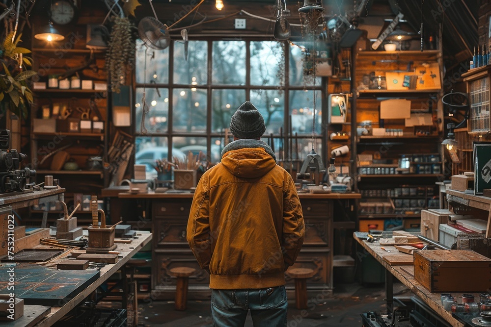Richly detailed photo of a craftsman standing in a well-equipped woodworking workshop Richly detailed photo of a craftsman standing in a well-equipped woodworking workshop