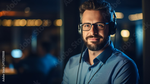 Concentrated skilled millennial caucasian businessman in glasses wearing headphones with mic, taking part in online web camera negotiations meeting using computer app, distant communication concept.