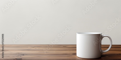 Top view of an empty white cup on a wooden table with space for text.