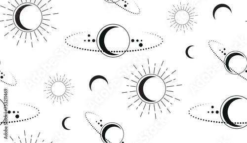 Seamless Space Mystical Sacred geometry. Moon, sun, stars, orbits. Crescent Moon magic pagan Wicca goddess symbol. Alchemy, esoteric, occultism. Vector black  illustration isolated on white background