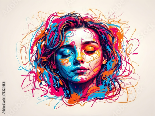 Colorful scribbles of woman faces. Sleep day concept.