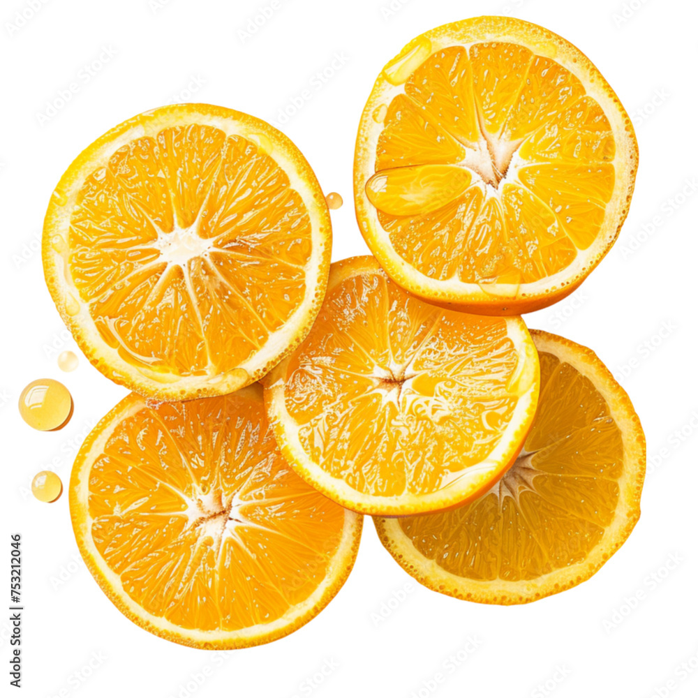 Fresh juicy sliced oranges with droplets and a white background. With clipping path Fresh juicy sliced oranges with droplets and a white background. With clipping path