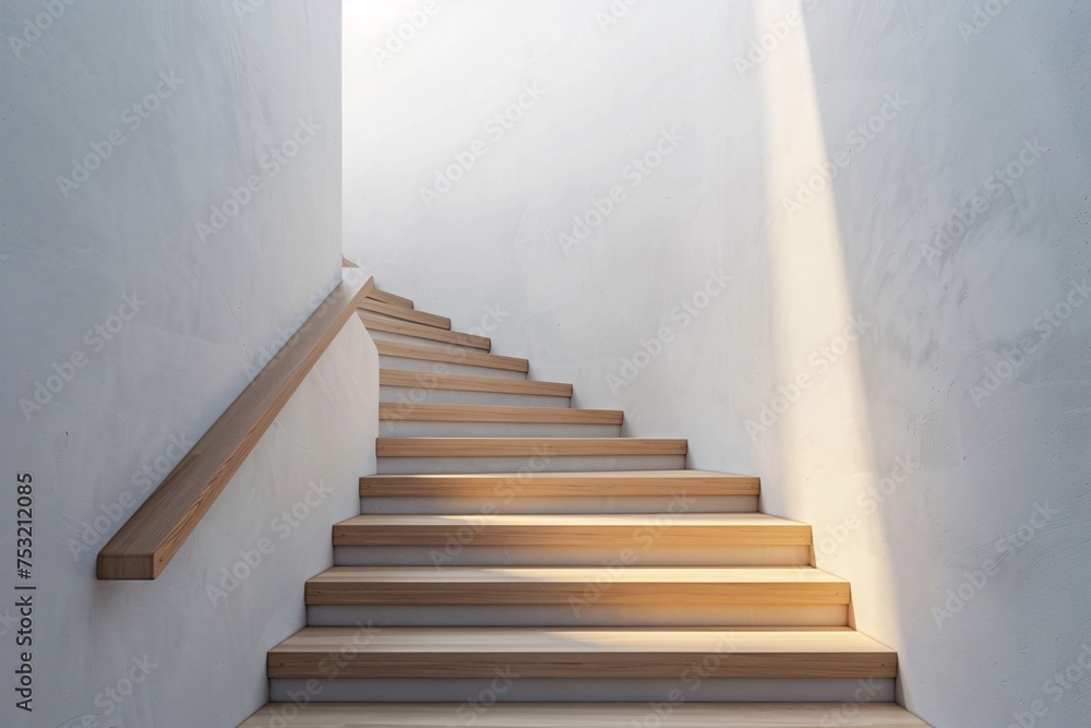 A minimalist wooden staircase leaning against a pristine white wall, embodying simplicity and space A minimalist wooden staircase leaning against a pristine white wall, embodying simplicity and space