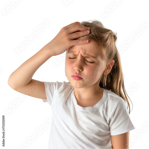 young child girl over isolated white background Touching forehead for illness and fever, flu and cold, virus sick Young beautiful child girl over isolated white background Touching forehead