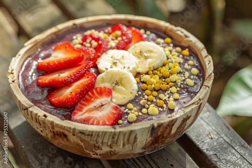 Eco-friendly acai bowl, topped with organic strawberries, bananas, and a sprinkle of bee pollen, dedicated to Earth Day