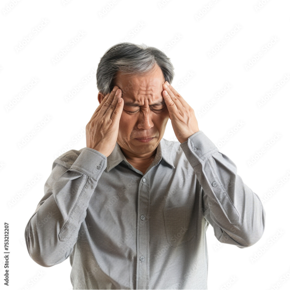 Middle-aged Asian men suffering from pulsating pain of one sided headache isolated in white background. With clipping path Middle-aged Asian men suffering from pulsating pain of one sided headache isolated in white background. With clipping path