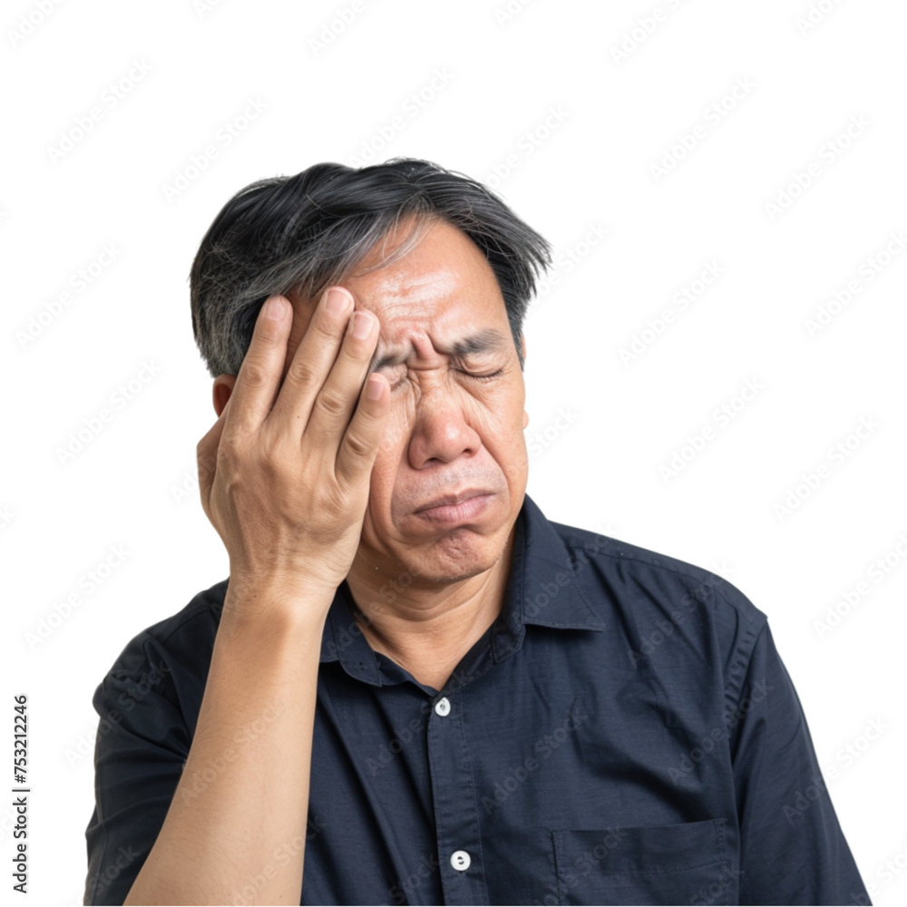 Middle-aged Asian men suffering from pulsating pain of one sided headache isolated in white background. With clipping path Middle-aged Asian men suffering from pulsating pain of one sided headache isolated in white background. With clipping path