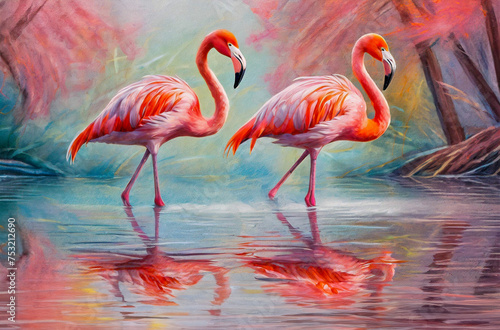 Rococo style painting flamingos