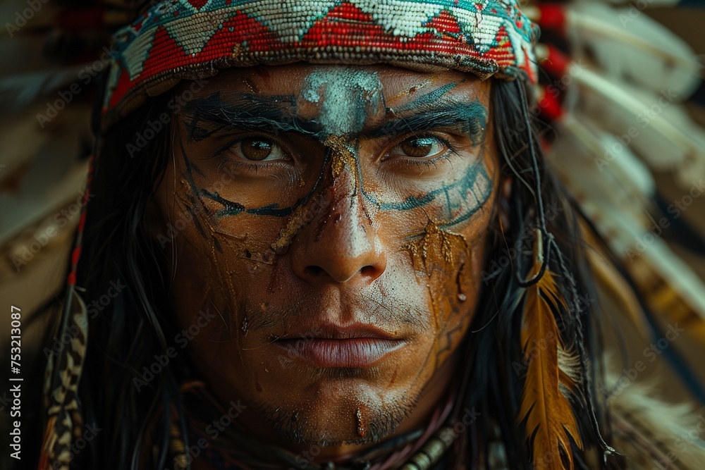 Portrait of a young man in Native American headdress with blue face paint and pensive look Portrait of a young man in Native American headdress with blue face paint and pensive look